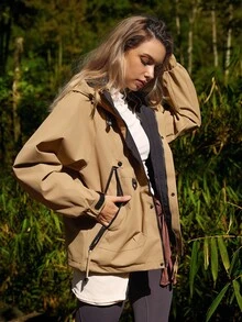 WanderVale Women's Hooded Jacket With Sleeve Patch, Elastic Cuff, Zipper Closure, Front Zipper, Adjustable Hem, Suitable For Spring And Autumn - Khaki - View 5