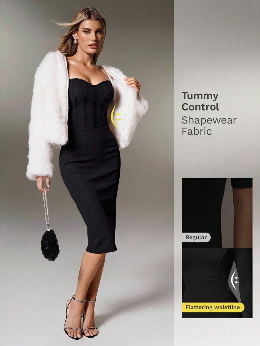 Nuvra 定制塑形面料黑色鱼骨紧身抹胸中长连衣裙，优雅休闲装，适合派对、活动、秋冬穿着