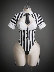 SHEIN ICON Women's Striped Bodysuit Set, Sexy & Halloween Outfit, Suitable For Parties, Autumn/Winter Stripper Outfit Gothic Bathing Suit Black And White Swimsuit Gothic Swimwear