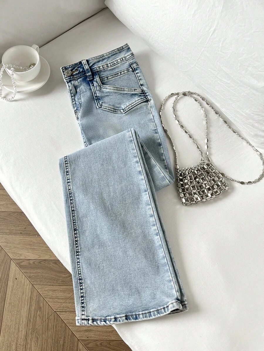 Elamini Quần Jeans Nữ Ống Loe Thường Ngày Đa Năng - Rửa trung bình - Xem 1