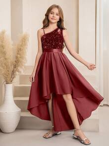 SHEIN Flower Girl & Big Girl High-End Sequin One Shoulder Cutout A-Line High-Low Asymmetrical Hem Midi Dress, Suitable For Weddings, Galas, Birthdays, Parties Fall Winter - Burgundy - View 3