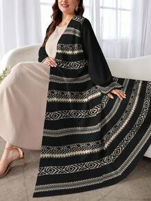SHEIN Najma Plus Size Women's Rhombus Graphic Patchwork Striped Design Print Black Casual Long Sleeve Abaya Robe, Spring/Autumn - Multicolor - View 3