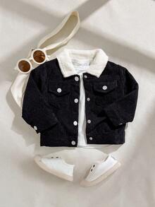 Playful Pals 男婴黑色灯芯绒纽扣前口袋仿毛领长袖夹克，休闲舒适，适合外出或休闲，百搭秋冬 - 黑色 - 查看 6