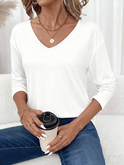 SHEIN LUNE Casual Solid Color V-Neck Long Sleeve T-Shirt For Women, Versatile For Autumn/Winter V Neck Blouses For Women Women Long Sleeve Tops Fall Clothes For Women Long Sleeve White Top,White Shirt,Casual