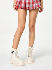 ROMWE Grunge Punk Botas de mujer con diseño de mariposa, estilo gótico, puntera redonda, tacón grueso de PU, adecuadas para fiesta, uso diario y casual