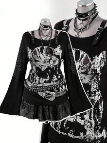 Sunspun 大码秋冬新款深色喇叭袖毛衣 - 黑色 - 查看 1