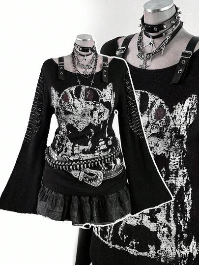 Sunspun 大码秋冬新款深色喇叭袖毛衣