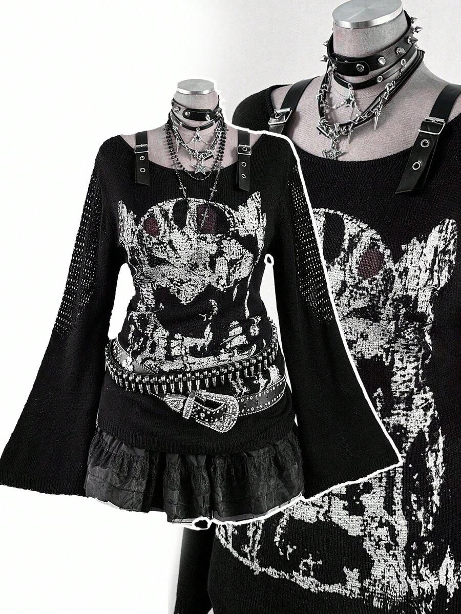 Sunspun 大码秋冬新款深色喇叭袖毛衣 - 黑色 - 查看 1