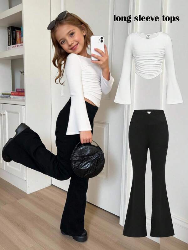 SHEIN Tricou la modă pentru fete tinere, casual, cu guler rotund, mâneci evazate și mâneci lungi, potrivit pentru școală, Crăciun, Halloween, purtare zilnică, petrecere de Revelion, toamnă/iarnă, ținută asortată pentru soră