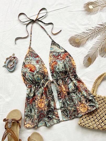 Soleia Summer For Women,Summer Halter Cami Tops,Easter,Vacation Woman,Western Wear Women,Concert Women,Rave Festival,Boho Women,Music Festival ,Women Vintage Sunflower Print Pleated Backless Lace-Up Bowknot Flounce Patchwork Casual Blouse