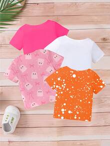 4 piezas Camisetas de manga corta de cuello redondo casuales con estampado gráfico de elementos de Halloween para niñas bebés, adecuadas para el verano