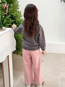 Genkimix Kids 2 pièces Ensemble Top décontracté avec décor de nœud brodé + pantalon droit de couleur unie pour filles Genkimix - Gris foncé - Voir 2