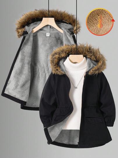 Tween Girl Tween Girl Casual Everyday Versatile Thick Fluffy Hooded Long Sleeve Loose Fit Jacket Fall Winter