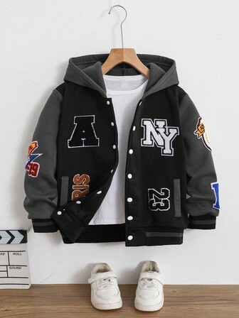 SHEIN Fleecejacka med huva och bokstavstryck för pojkar, Campusjacka, Sportjacka, Höst/Vinter