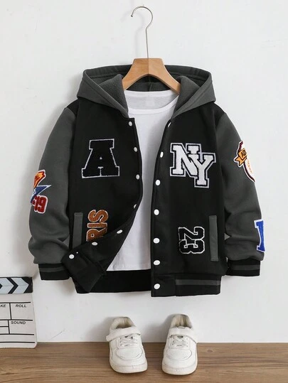 SHEIN Fleecejacka med huva och bokstavstryck för pojkar, Campusjacka, Sportjacka, Höst/Vinter