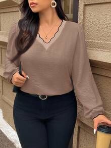 SHEIN Frenchy 秋季大码拼色长袖衬衫 - 卡其色 - 查看 1