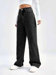 SHEIN Cottnline 100%Cotton Loose Wide Leg Denim Pants With Slant Pockets - Black - View 4