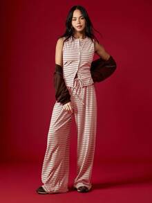 MISSGUIDED 条纹纽扣无袖上衣和阔腿裤两件套休闲家居服套装，抽绳腰带，夏季度假装，圣诞节适用 - 酒紅色 - 查看 1