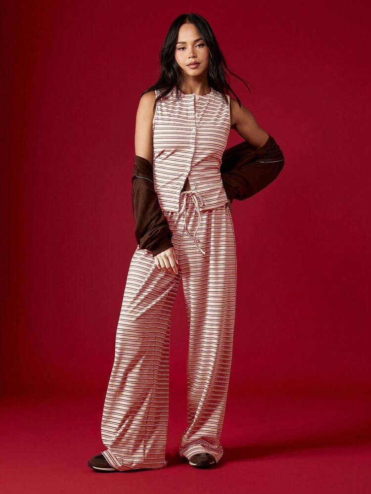 MISSGUIDED Striped Button Up Sleeveless Top And Wide Leg Pants Two Piece Lounge Co Ord Set Casual Drawstring Waist Summer Resort Wear Christmas
