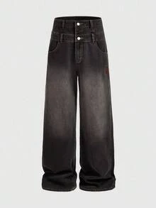 ROMWE MEN Casual 男士宽松阔腿休闲牛仔裤，双腰带 - 深灰色 - 查看 1