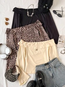 3pcs Teen Girl Casual Chic Street Style Leopard Print Foldover Off Shoulder Long Sleeve T-Shirt Fall Winter - Multicolor - View 2