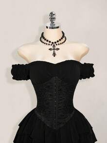 SHEIN ICON Women's White Ruched Jacquard Waist Tie Splice Ruffle Trim Off Shoulder Layered Ruffle Hem A-Line Chiffon Mini Dress, Elegant For Party & Casual,Party Dresses For Women - Black - View 5