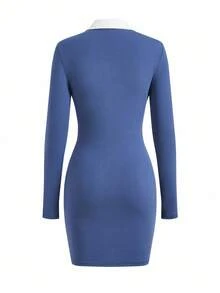 FRIENDS X SHEIN Women Navy Blue Letter Print Contrast V-Collar Long Sleeve Bodycon Short Dress, Casual Wear For Spring And Autumn Christmas Dress Thanksgiving Dress Winter Dress - Blue - View 2