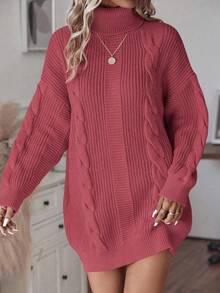 EMERY ROSE Women's Casual Knitted Dress With High Neck, Drop Shoulder, Long Sleeve, Cable Pattern, Suitable For Autumn/Winter - Rose Red - View 7