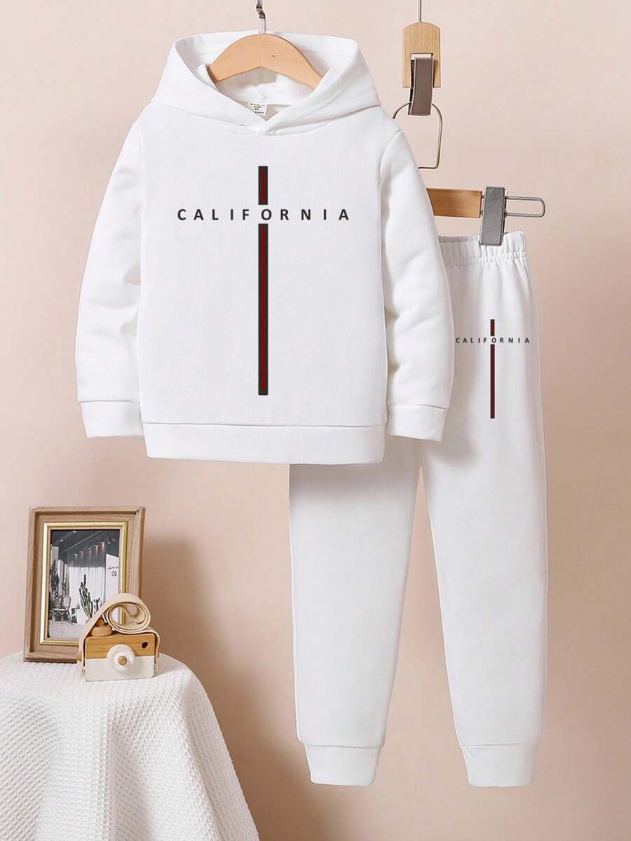 2pcs Toddler Boys' Casual Striped & Letter Print Hoodie Sweatshirt And Pants Set, Classic All-Match Outfit For Autumn/Winter - White - View 1