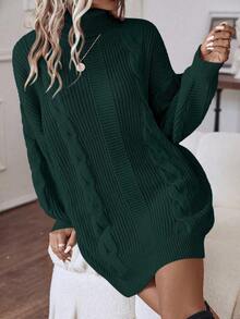 EMERY ROSE Women's Casual Turtleneck Drop Shoulder Long Sleeve Cable Pattern Knit Dress, Autumn/Winter - Dark Green - View 7