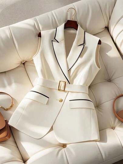 GlowEve Elegante chaqueta de traje de negocios para mujer con bolsillo con solapa, botón metálico y cinturón de color contrastante