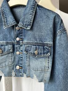 Elamini 破洞落肩袖短款牛仔夾克 - 淺色水洗藍 - 查看 4