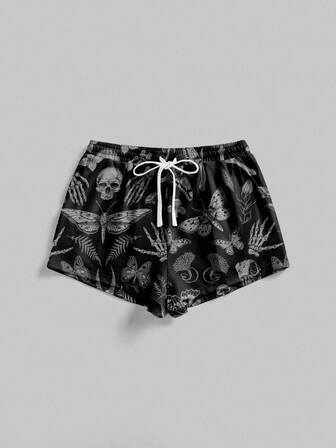 Short gothique avec cordon de serrage, motifs forêt sombre, squelette d'Halloween, horreur, champignon, croix, papillon de nuit, nœud papillon. Short super pour femmes