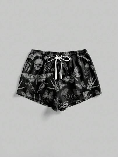 Short gothique avec cordon de serrage, motifs forêt sombre, squelette d'Halloween, horreur, champignon, croix, papillon de nuit, nœud papillon. Short super pour femmes