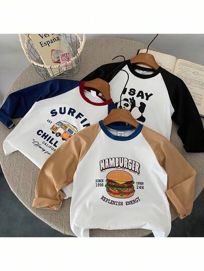 3件套男童长袖T恤，卡通字母印花，休闲可爱运动上衣，适合上学、返校和秋冬季穿着