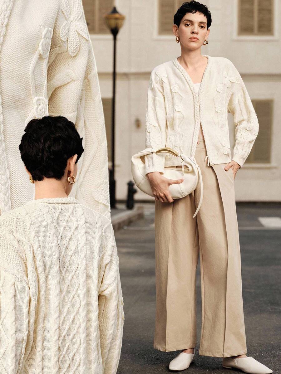 Uhlyne Cardigan bianco vintage francese da donna in maglia, con motivo a trecce e fiori 3D all'uncinetto, adatto per Ognissanti, primavera/autunno/inverno, stile vintage, abbigliamento da lavoro, ufficio, insegnante, ritorno a scuola, autunno, casual business, stile old money, preppy accademica - Albicocca - Visualizzare 1