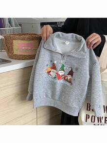 SHEIN Young Girl Solid Color Christmas Pattern Stand Collar Half-Zip Casual Sweatshirt Autumn Winter Clothes - Grey - View 7