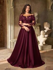 Aureia Plus Size Elegant Luxurious Embroidered Lace Applique Sheer Long Sleeve Off Shoulder Stretch Satin Maxi A-Line Dress, Suitable For Weddings, Parties, Vacations, Balls, Evening Gowns (Heavy Embellishment), Valentine's Day - Burgundy - View 1