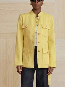 Aveloria Modichic Stand Collar Thick Tweed Single-Breasted Metal Button Decor Belt Utility Jacket - Yellow - View 4