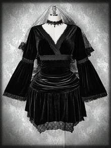 SHEIN ICON Áo nhung dệt kim cổ chữ V viền ren cỡ lớn dành cho nữ, trang phục Halloween, kiểu phù thủy, tay loe. - màu đen - Xem 1