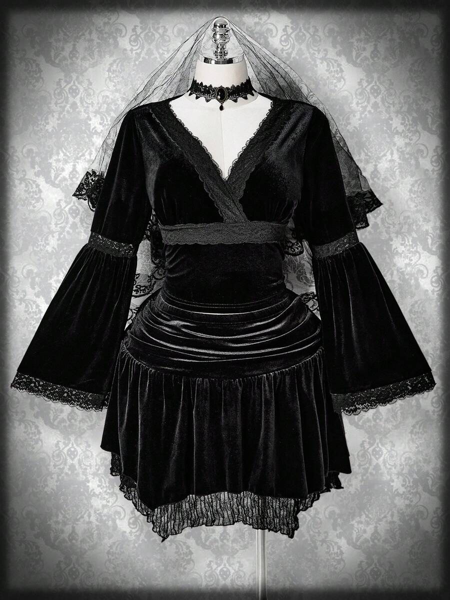 SHEIN ICON Áo nhung dệt kim cổ chữ V viền ren cỡ lớn dành cho nữ, trang phục Halloween, kiểu phù thủy, tay loe. - màu đen - Xem 1