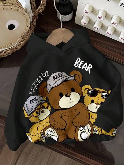 Young Boys Casual Minimalist Cartoon Bear Pattern Loose Comfortable Everyday Knit Long Sleeve Sweatshirt, Suitable For Autumn/Winter Casual Wear Fall