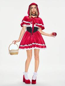 ROMWE Avant Damen Cosplay Rotkäppchen Umhang, Spitzen-Patchwork Kontrast-Farbig Off-Shoulder Ballonkleid 2-teiliges Set - Bordeaux - Übersicht 3