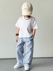 SHEIN 年轻男孩休闲街头风格条纹梭织裤，带口袋，直筒裤，轻便舒适，适合外出、度假、拍照、上学、运动、聚会，适合春夏季 - 藍色 - 查看 4