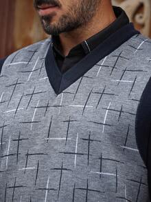 Manfinity Homme Men's Contrast Color V-Neck Casual Knit Sweater Vest, Autumn/Winter, Old Money - Grey - View 6