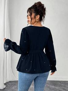 Elenzga Áo cánh cổ chữ V thanh lịch, gợi cảm, bán chạy nhất dành cho nữ cỡ lớn, thích hợp để đi làm và dự tiệc, thiết kế nơ thắt eo, trang trí ngọc trai giả - Màu xanh hải quân - Xem 2
