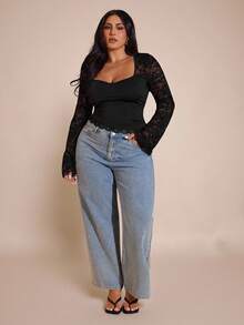SHEIN CURVE+ CURVE PLUS /Ziua Îndrăgostiților/Bluză la modă cu mânecă lungă, model patchwork din dantelă, mărime mare, pentru femei, concert pentru femei, club sexy pentru femei, body pentru ziua de naștere, Curve, Crăciun, Ziua Națională, absolvire, Ziua Îndrăgostiților/2026 /Anul Nou, îmbrăcăminte casual și îmbrăcăminte de Ziua Îndrăgostiților