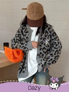 DAZY HELLO KITTY AND FRIENDS | SHEIN 秋冬款少女休闲卡通刺绣豹纹开衫 - 灰色 - 查看 3