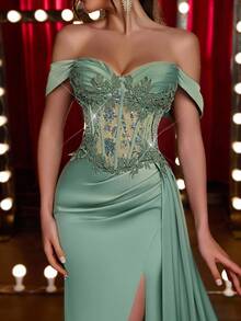 Glamrae Elegant Luxurious Green Lace Sequin Patchwork Satin Handmade Applique Sexy Slit Fishtail Skirt With Draped Hem, Suitable For Parties, Galas, Formal Occasions - Grass Green - View 3