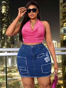 Slaydiva Plus Size Women Blue Denim Elastic Sexy Distressed Frayed Hem Fitted Mini Skirt, Summer - Blue - View 3